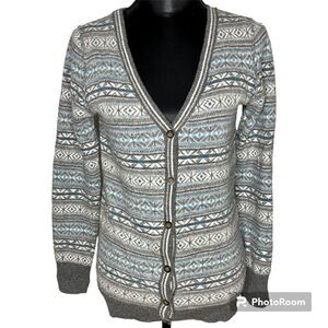 Telluride Clothing Co Cardigan Sweater Fairisle Nordic Wool Gray Blue Size Small